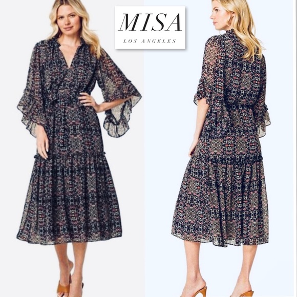 MISA Los Angeles Marcele Midi Dress S Paisley Floral Ruffle Sleeve Boho Peasant - Picture 2 of 16